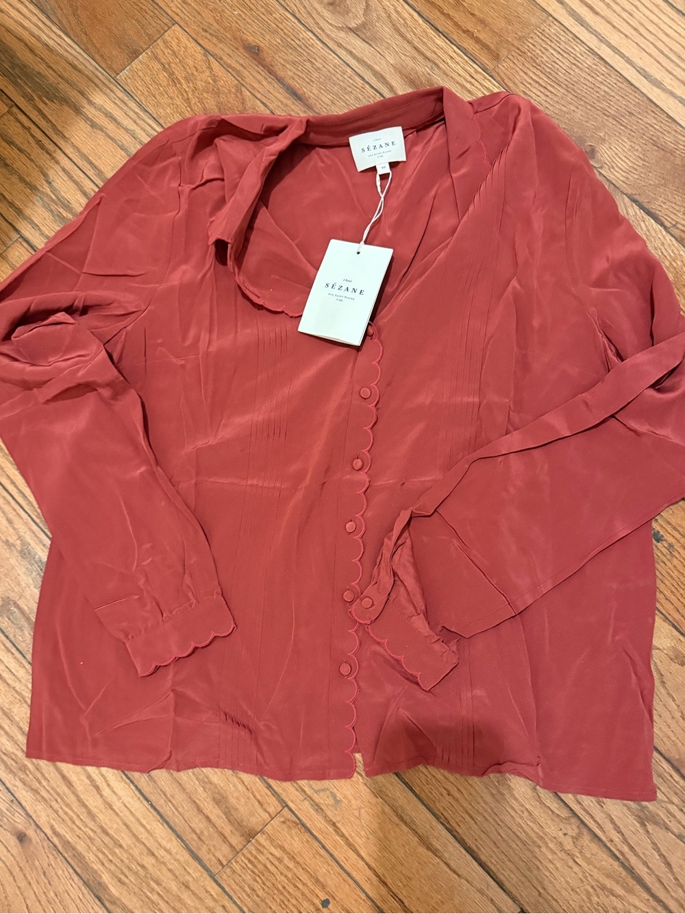 Sezane Rust Button-Front Scalloped Silk Blouse